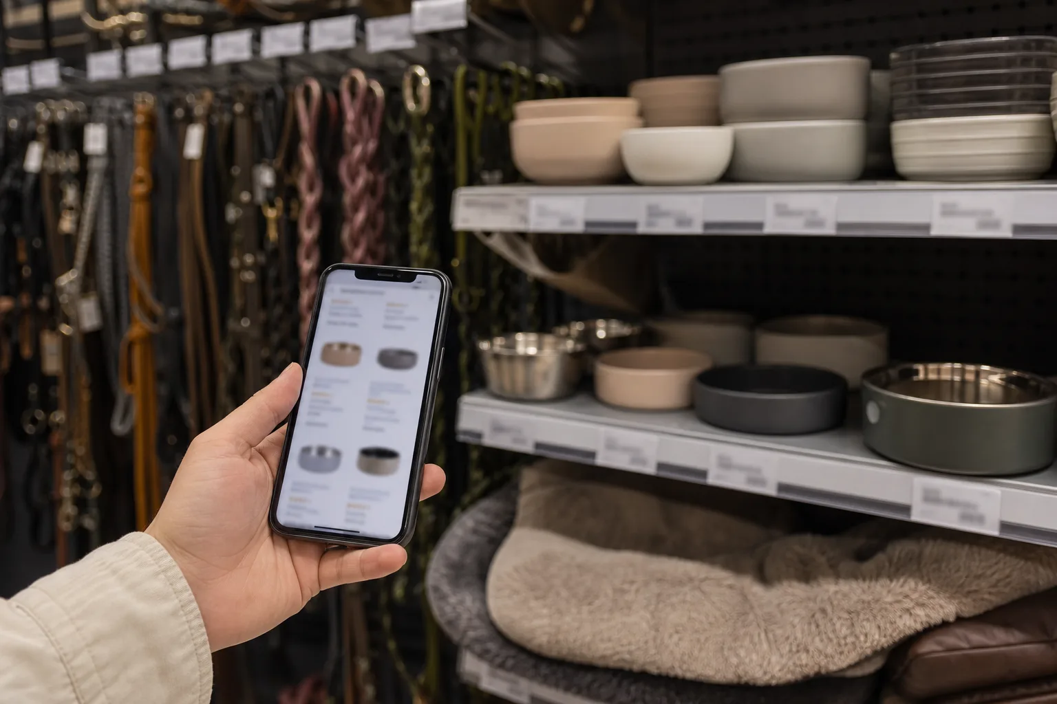 Hand som håller en telefon med produktbilder framför en butikshylla med skålar och koppel