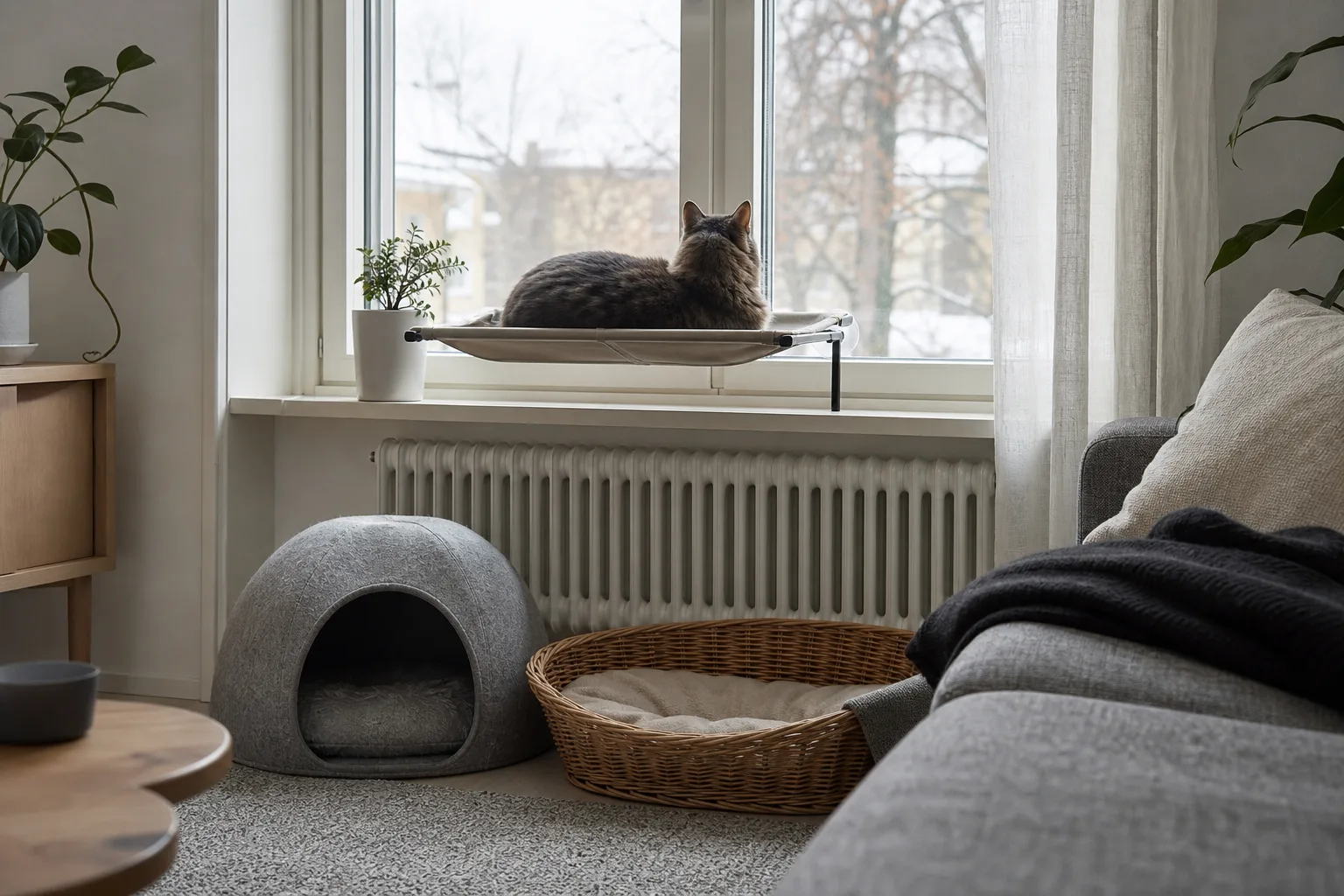 Grå kattigloo och rottingkorg på golvet, med en katt i en fönsterhängmatta i bakgrunden