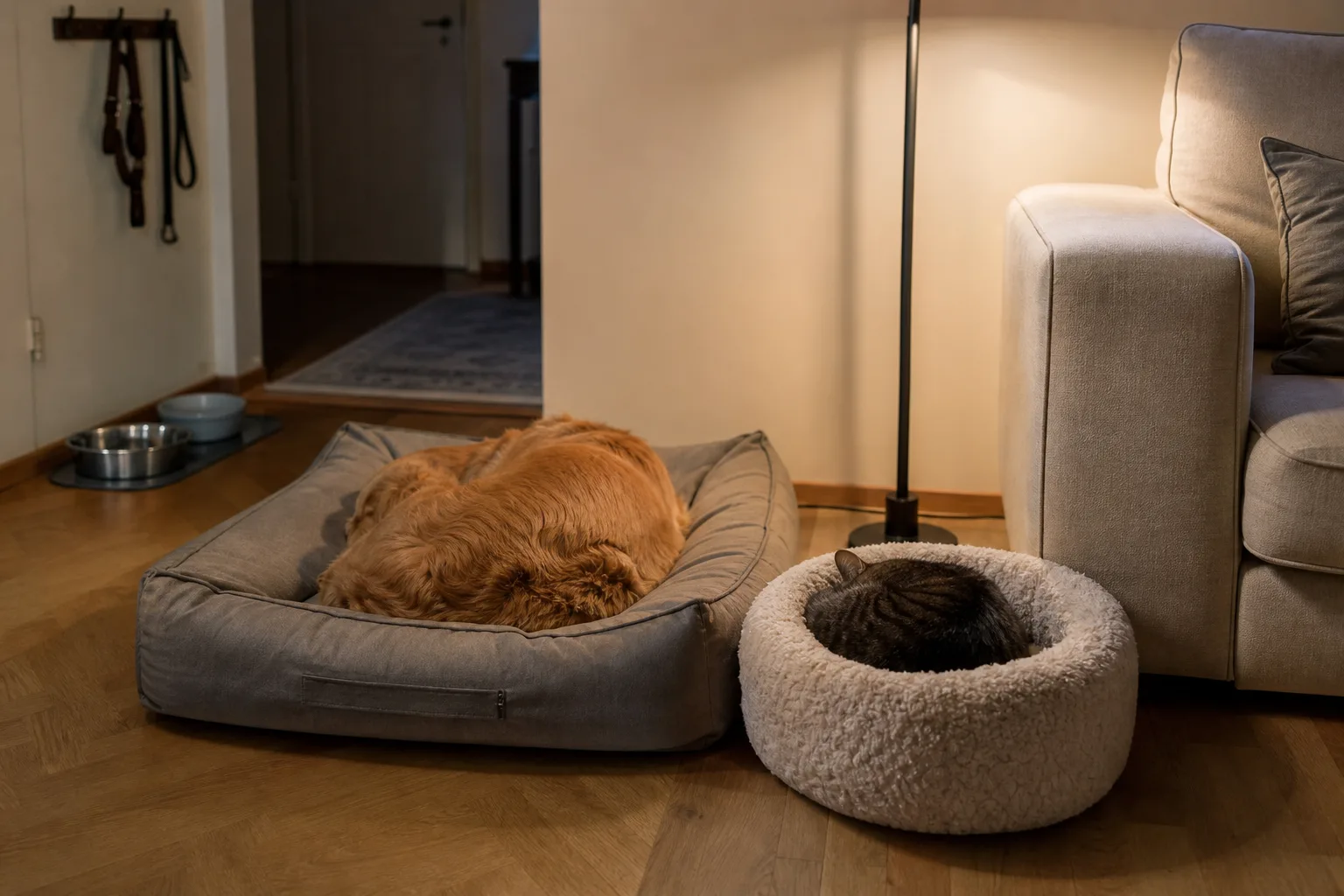 Hundbädd och kattkorg bredvid en soffa