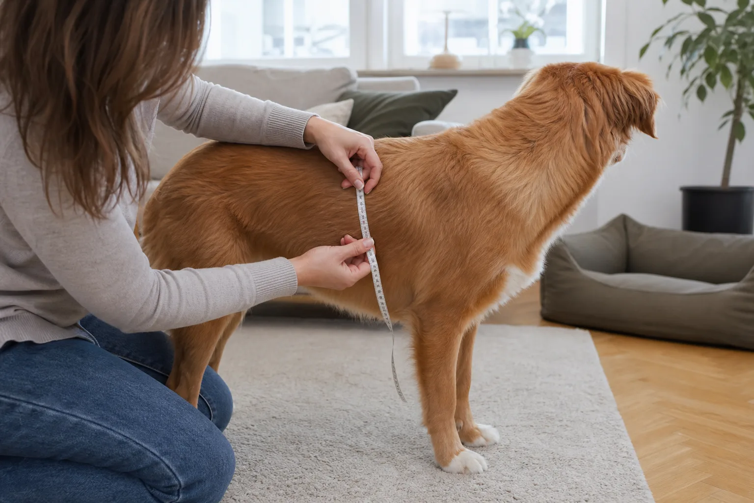 Hund mäts med måttband runt bröstkorgen bakom frambenen inför val av selstorlek