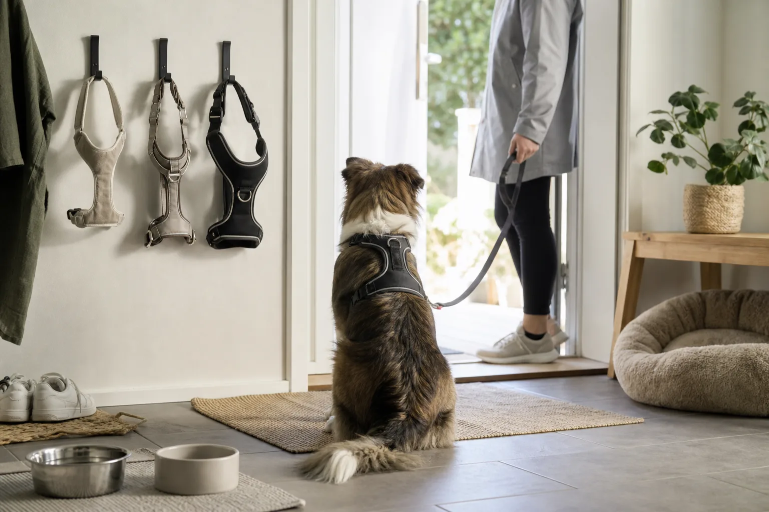 Tre hundselar på hallkrokar och en hund med sele