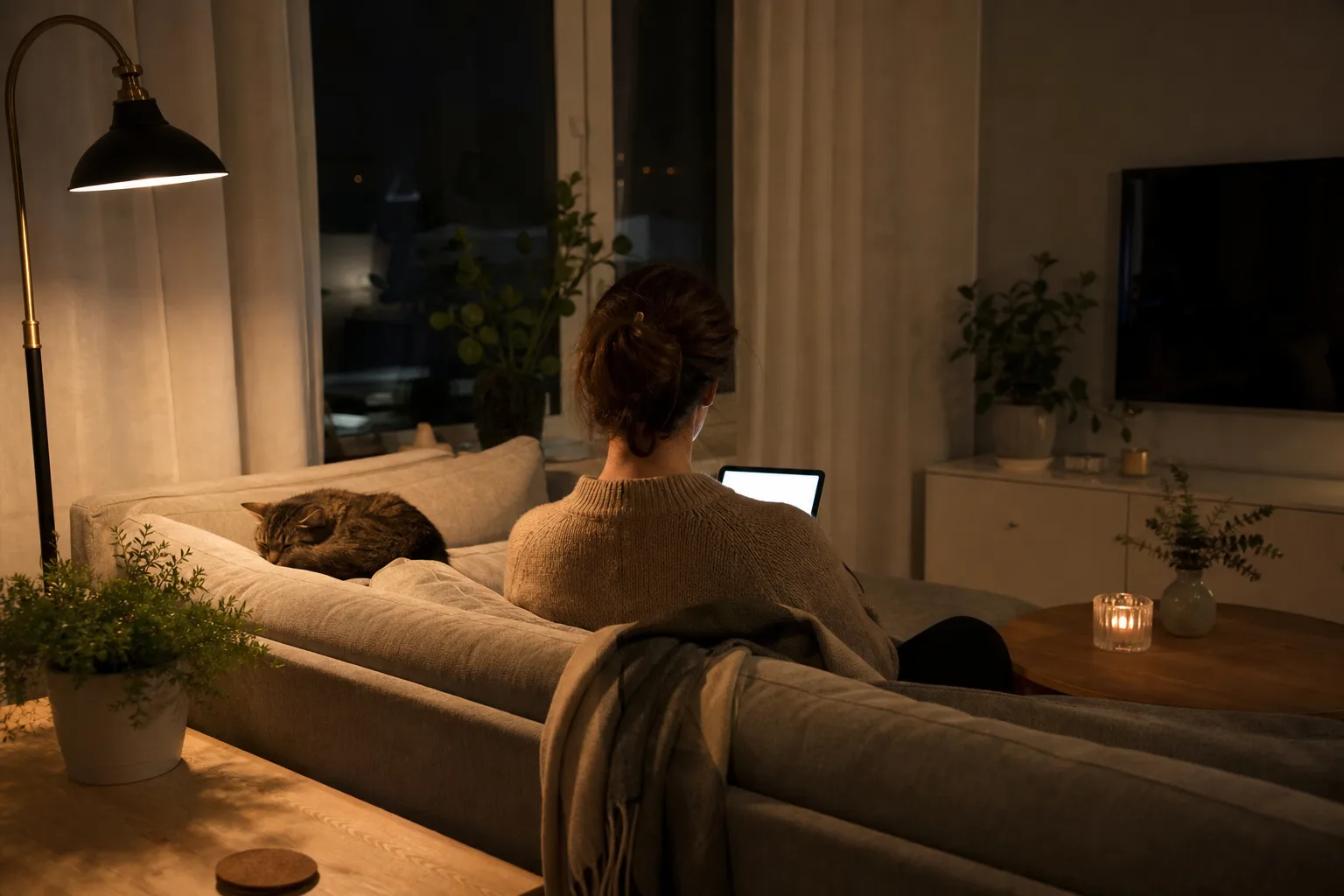 Person i soffan en kväll med en bärbar dator, medan katten sover bredvid