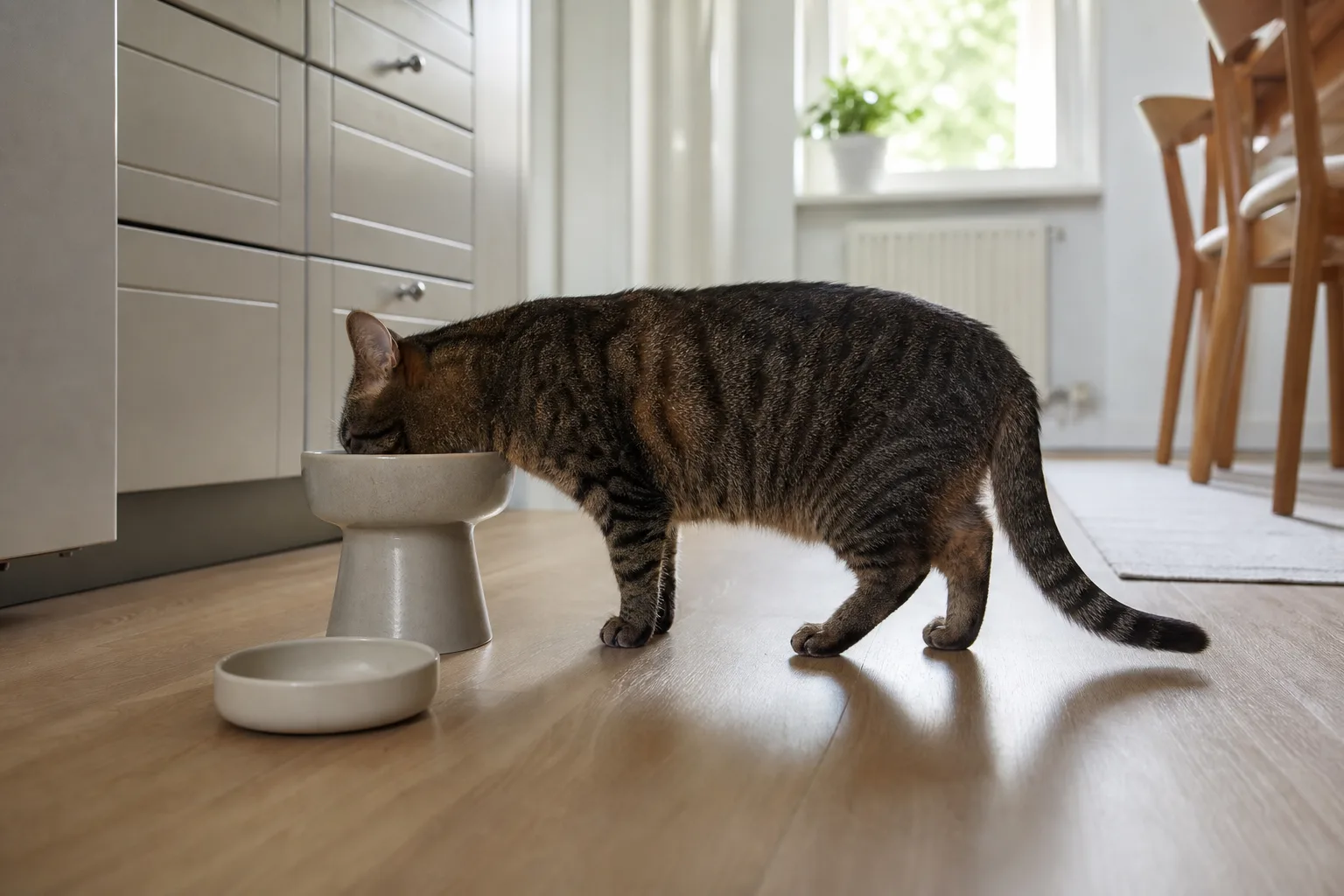 Katt som äter ur en upphöjd matskål i ett ställ på köksgolvet