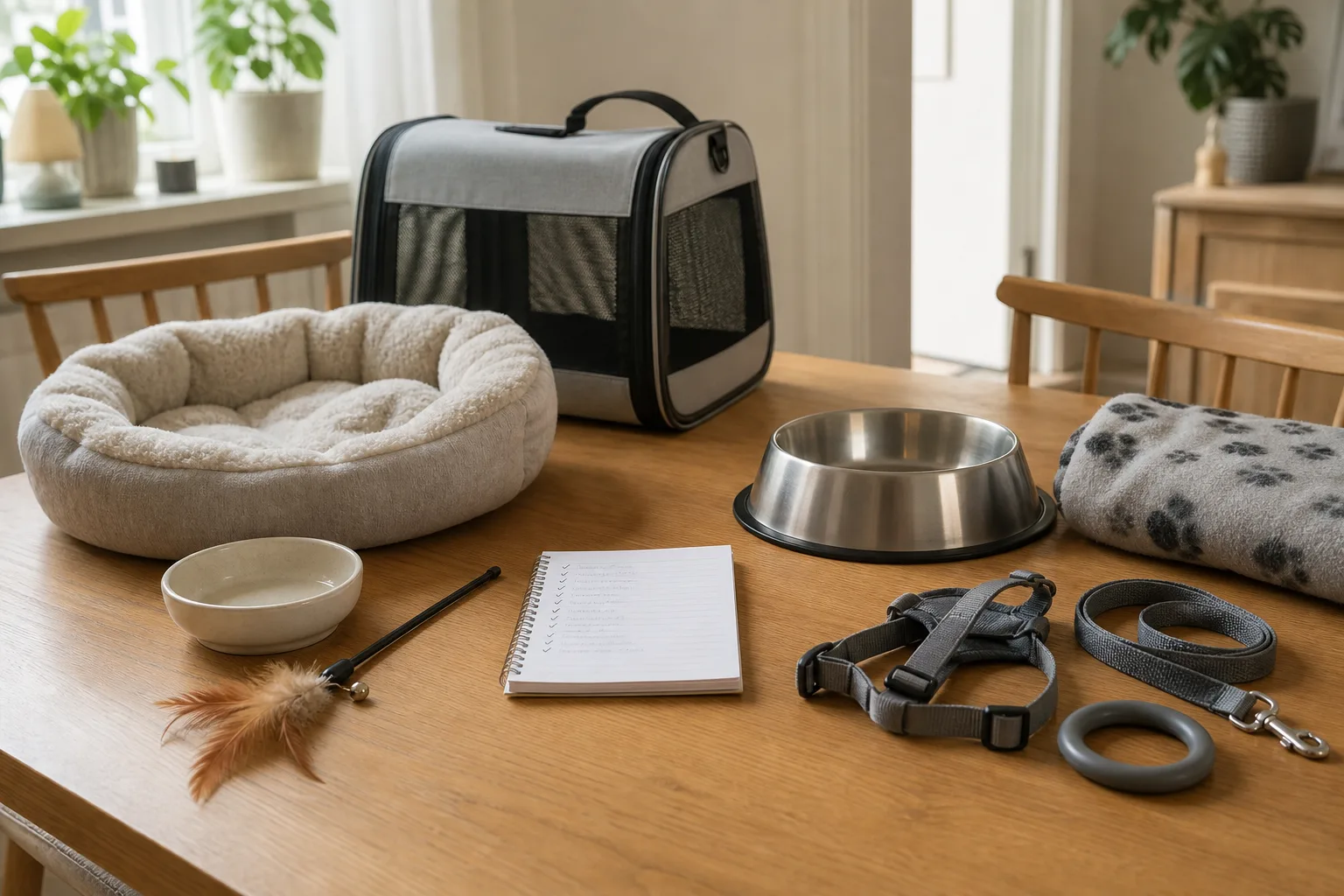 Valp och kattunge med startutrustning i ett hem