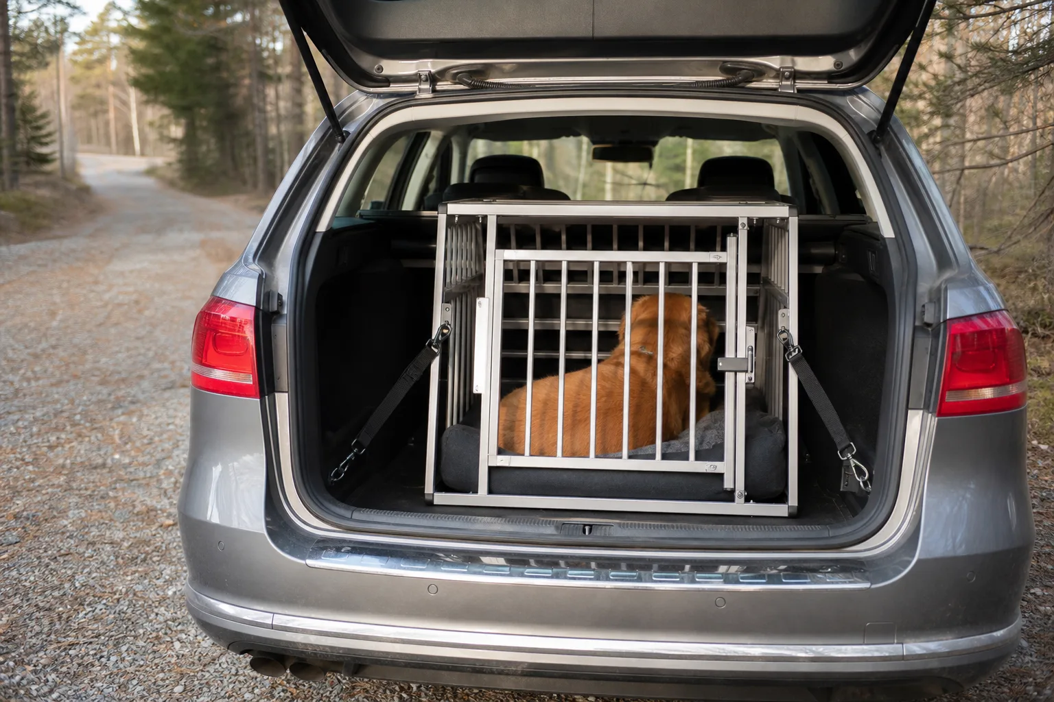 Fastspänd hundbur i en kombis lastutrymme