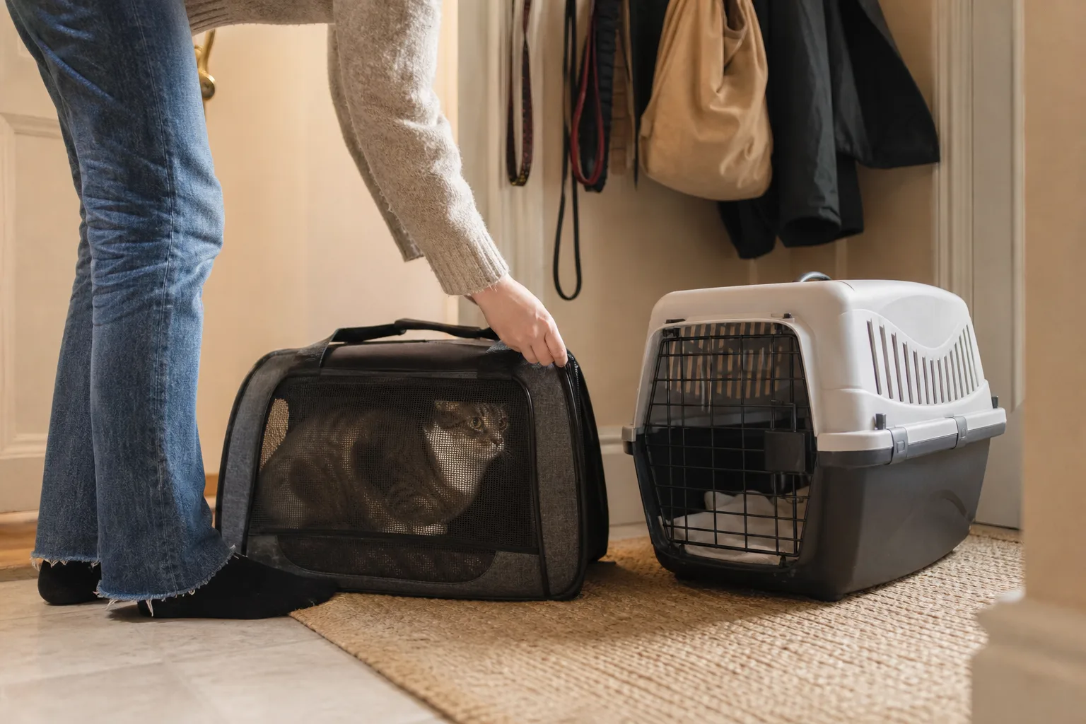 Kattväska säkrad i baksätet på en bil
