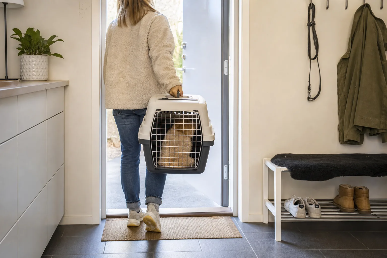 Hund som går in i en öppen transportbur hemma