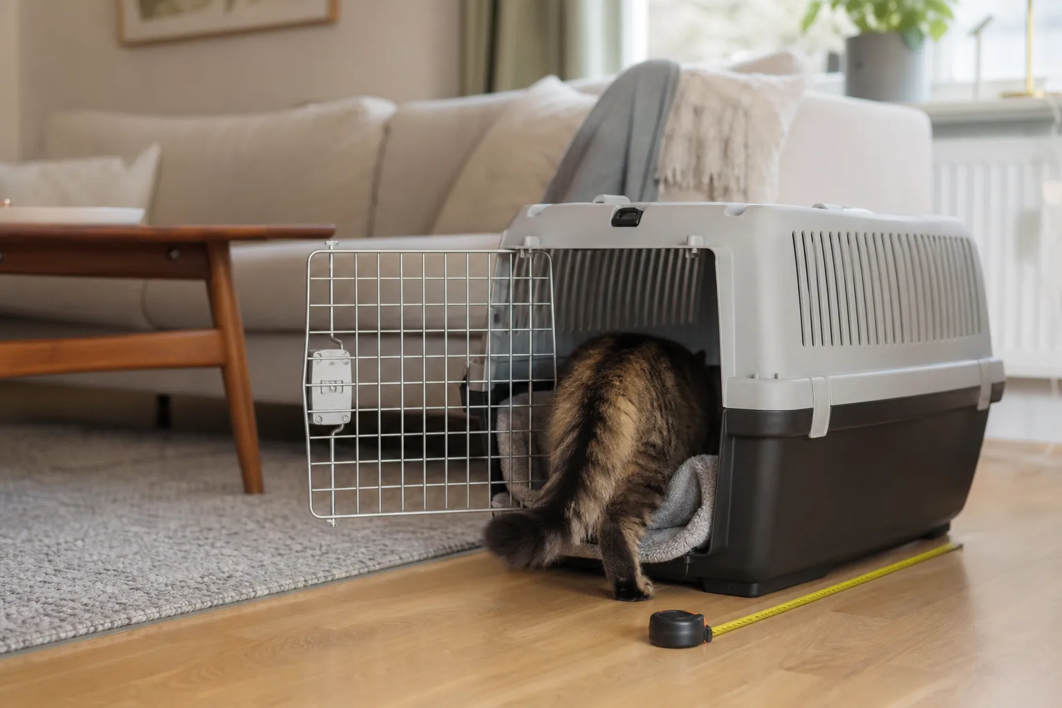 Kattbur säkrad på baksätet i en bil
