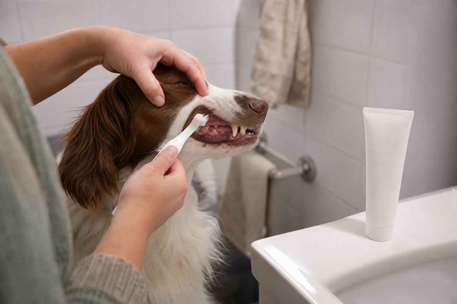 Hundägare borstar en hunds tänder med en mjuk tandborste
