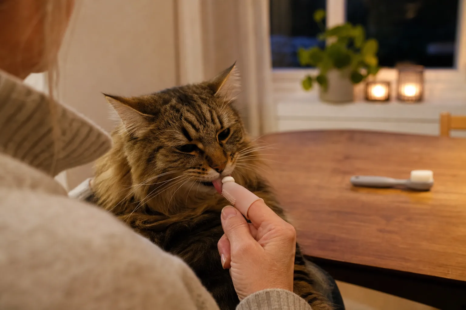 Katt får tänderna gnuggade med en fingertandborste