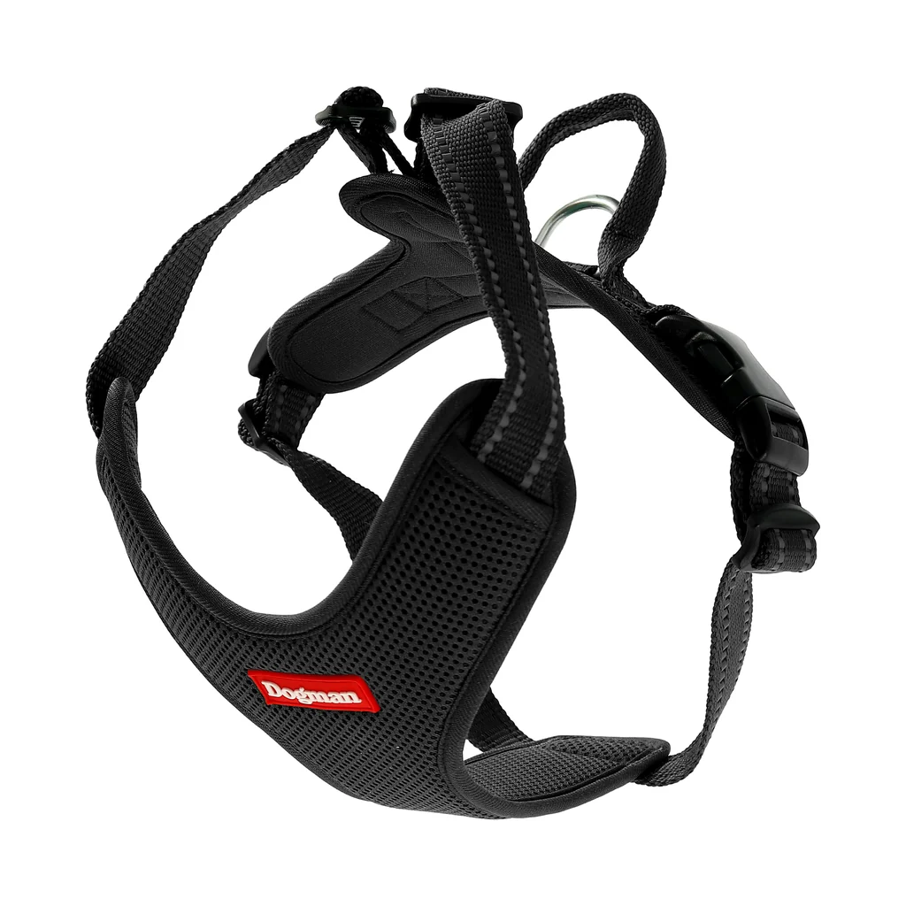 Svart mesh-sele med handtag och reflexsöm