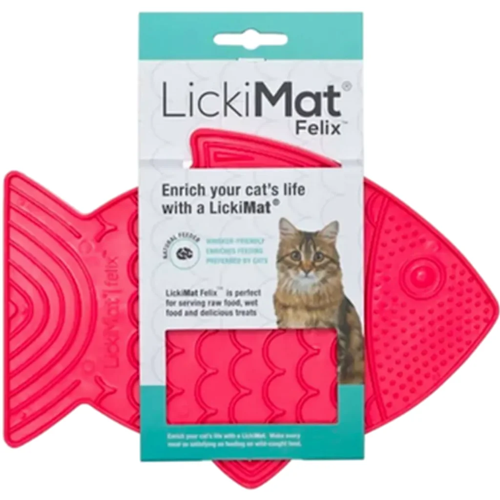 LickiMat Felix slickmatta för katt i rosa med förpackning